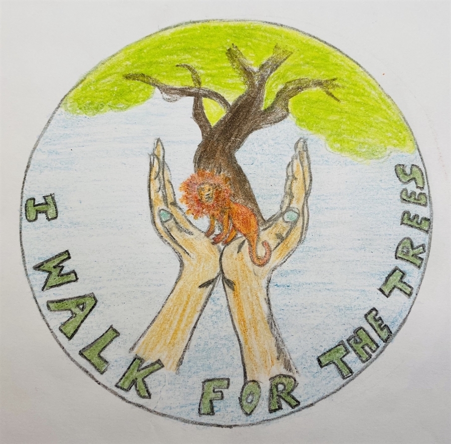 A hand drawn circle logo that says I walk for the trees. There are two hands holding a golden lion tamarin and a tree