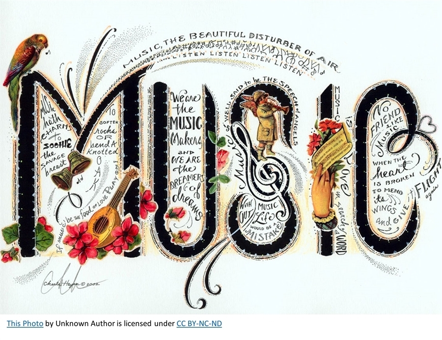 An artistic rendition of the word music with birds, instruments, treble clefs, flowers, poems and flourishes interspersed in and between each letter of the word
