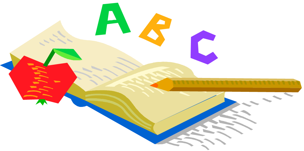Cartoon image of an open book with an apple and pencil beside it and A B C letters above it