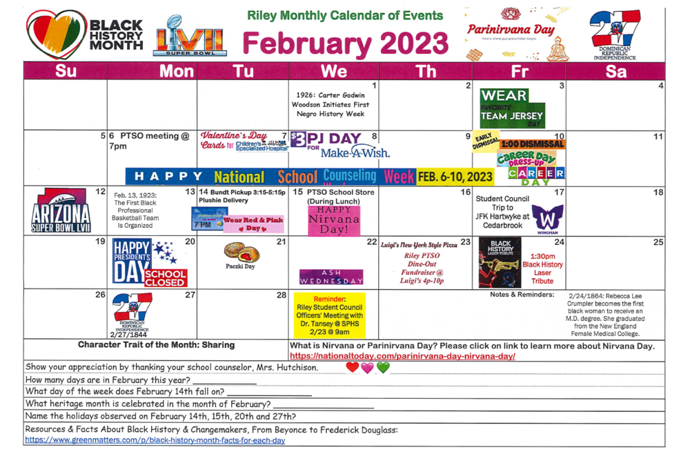 Riley School February Calendar 2023 Riley Elementary School