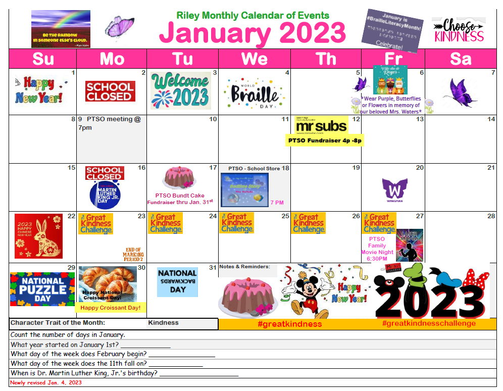 Riley January 2023 Calendar (revised 1.4.2023)