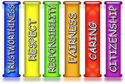Six columns in multiple colors that read, "Trustworthiness, respect, responsibility, fairness, caring, and citizenship"