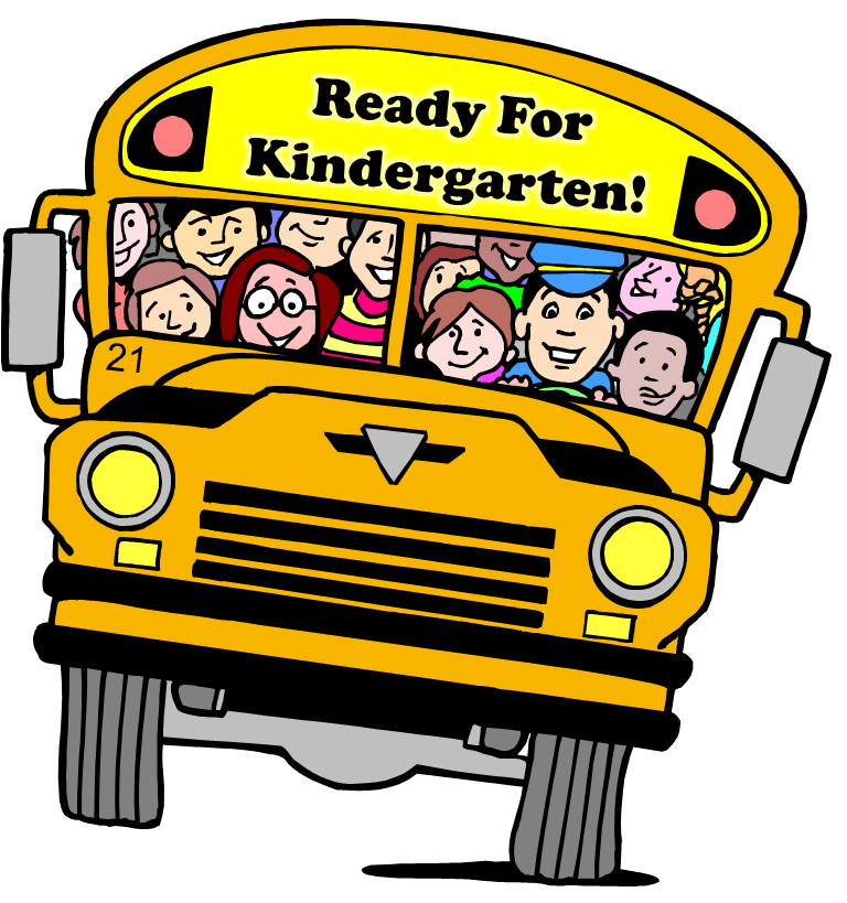 Cartoon kids in a school bus that reads, Ready for Kindergarten