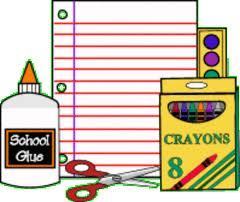 A cartoon image of school supplies