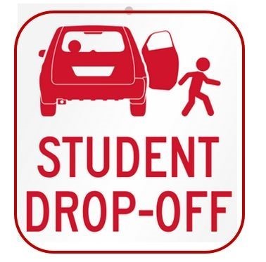 A cartoon image of a student exiting a car with the words student drop-off below