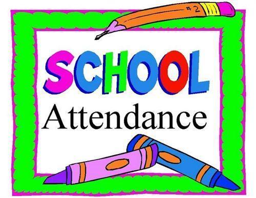 A colorful picture of the words school attendance in a lime green frame that has blue and pink crayons and an orange pencil on it