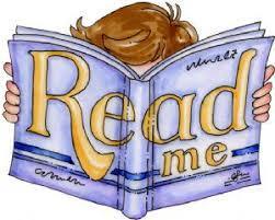 Illustrated image of a child with short brown hair reading a book whose cover says read me in big letters