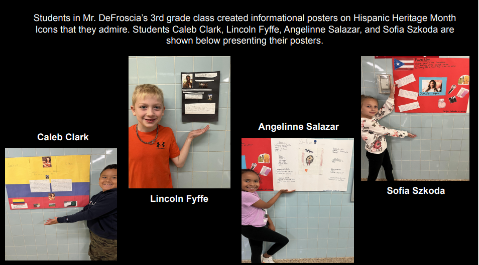 Students in Mr. DeFroscia’s 3rd grade class created informational posters on Hispanic Heritage Month Icons that they admire. Students Caleb Clark, Lincoln Fyffe, Angelinne Salazar, and Sofia Szkoda are shown below presenting their posters.
