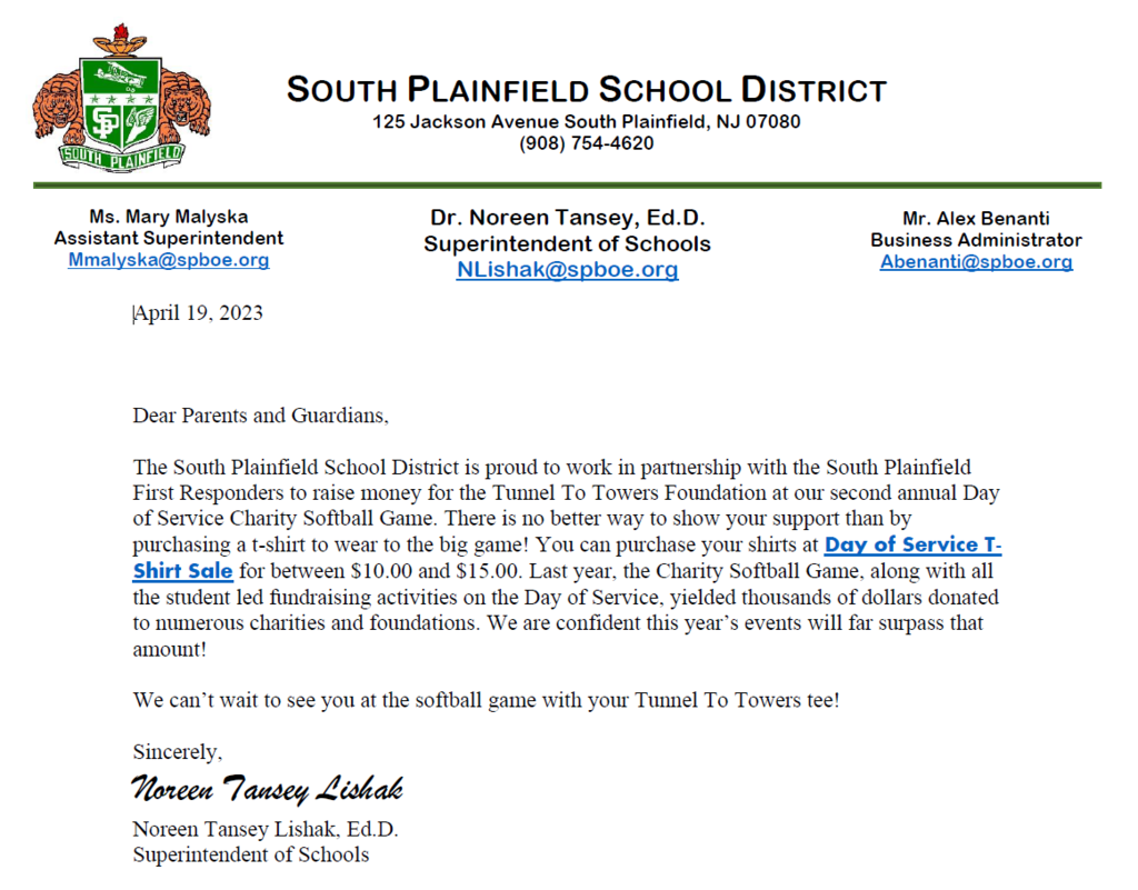 South Plainfield School District 2nd Annual Day of Service T-Shirt Information