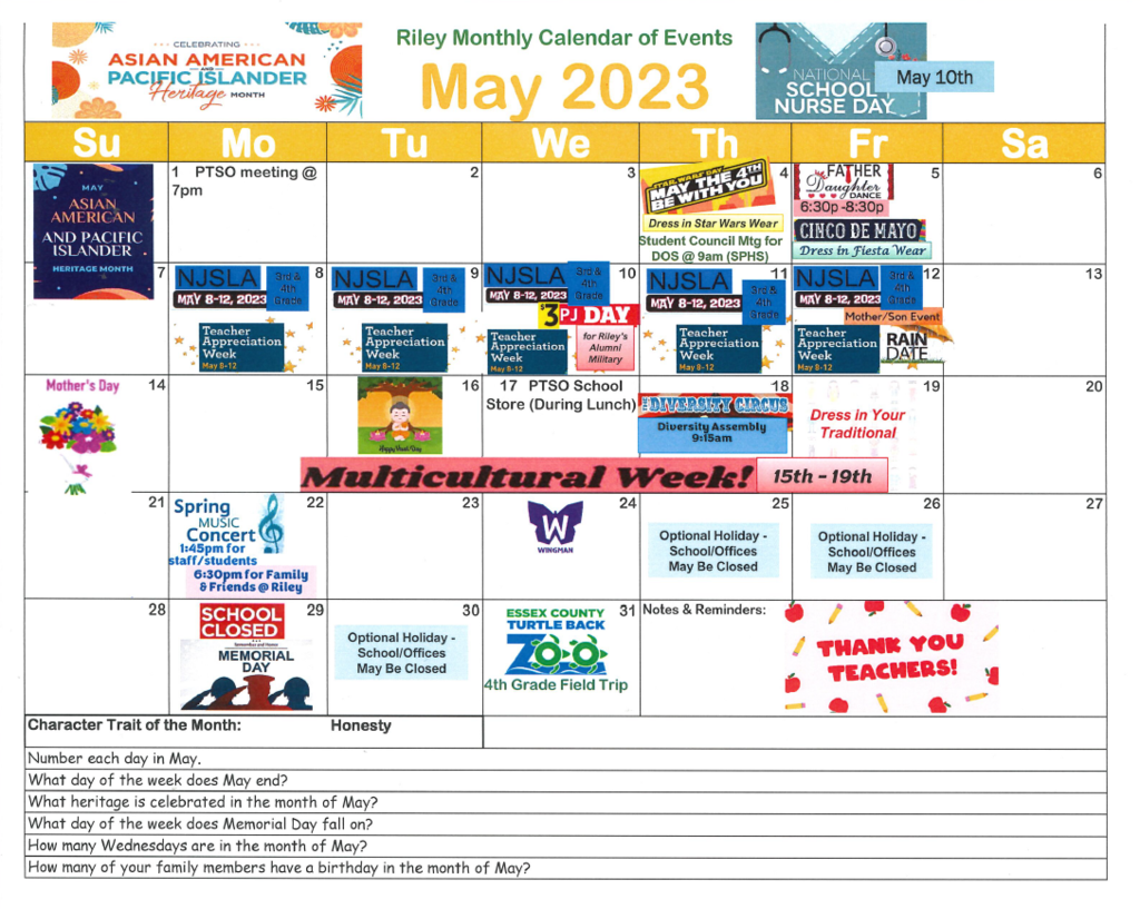 Riley School May 2023 Calendar of Events