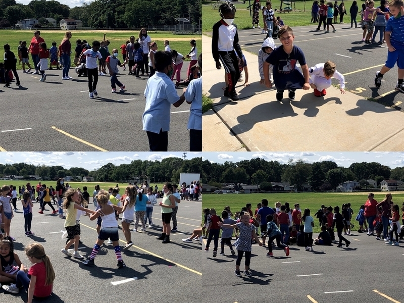 four images showing groups of students in the parking lot dancing