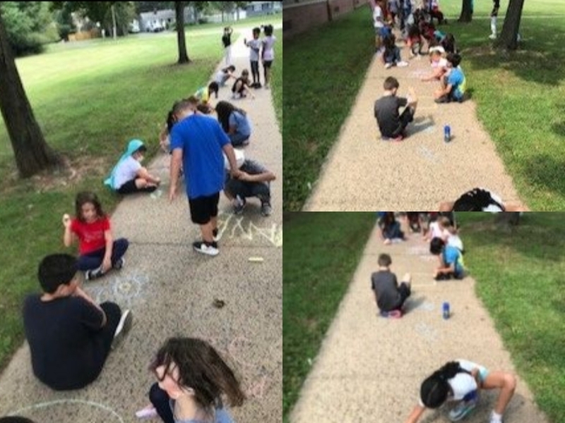 three images that show different groups of students drawing with chalk on the sidewalk